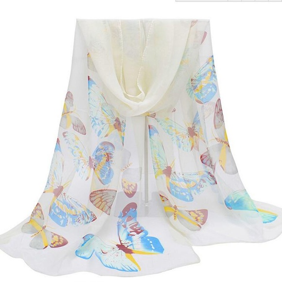Accessories - White Chiffon Blue Butterfly Wrap Scarf Shawl